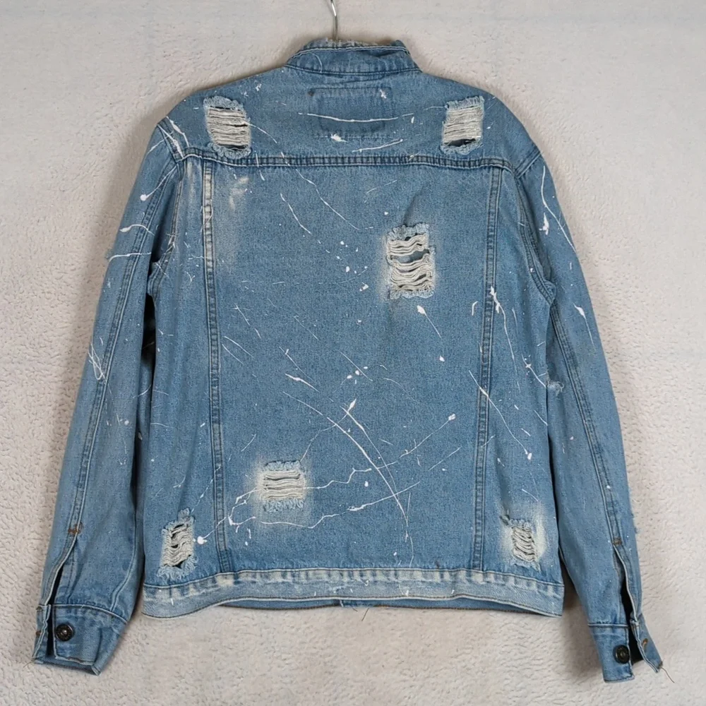 Rolling Paper Women's Blue Distressed Paint Flecked Denim Jacket Size‎ M - Picture 7 of 8